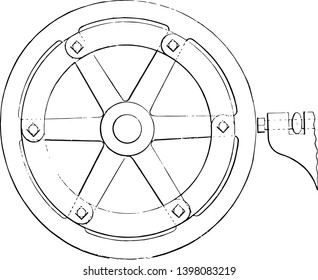 This illustration represents Turning Hand Wheels while moving threaded tool to the desired radius, vintage line drawing or engraving illustration.