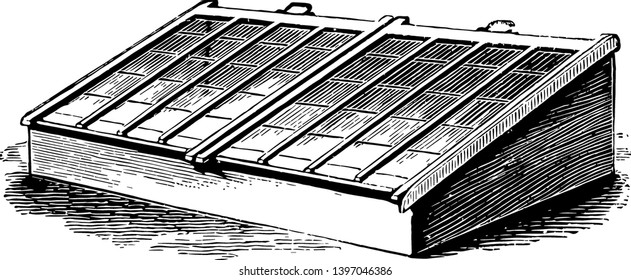 This illustration represents Two Light Frame which is used for large quantities of different subjects that have to be prepared for transplanting outside vintage line drawing or engraving illustration.