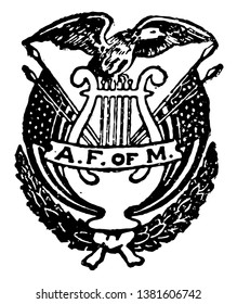 This illustration represents The Union Label for musicians, vintage line drawing or engraving illustration.