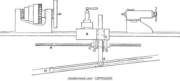 This illustration represents Universal Screw Cutting Device which is used to create thread on a lead rod, vintage line drawing or engraving illustration.