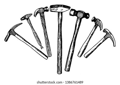 This illustration represents various Types of Hammers, vintage line drawing or engraving illustration.