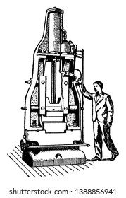 Esta ilustração representa o martelo de vapor vertical que também chamou um martelo gota, vintage desenho de linha ou gravura ilustração.