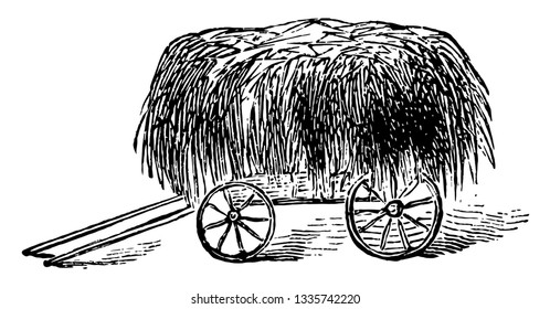 This illustration represents a wagon which is covered with hay, vintage line drawing or engraving illustration.