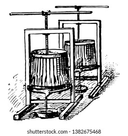 Esta ilustración representa Wine Press que se utiliza para extraer jugo de uvas trituradas durante la elaboración de vinos, el dibujo de líneas de cosecha o la ilustración de grabado.