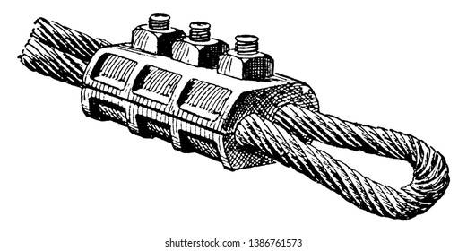 This illustration represents Wire Rope Clamp which used to hold the end of a wire rope to form a loop or ring, vintage line drawing or engraving illustration.