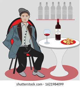This illustration represents a young man while eating at a appetizer.