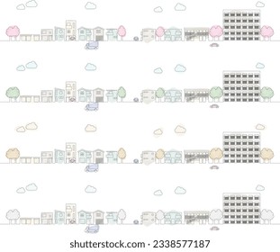 This is an illustration of a residential street set for four seasons.
