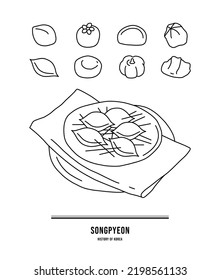 This illustration is a rice cake called 'Songpyeon' eaten on Chuseok, a Korean holiday. Each region (Gangwon-do, Seoul, Gyeonggi-do, Chungcheong-do, Gyeongsang-do, Jeolla-do) has a different shape.	