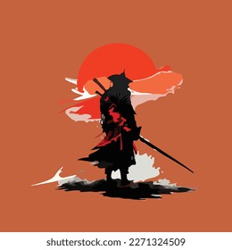 This is an illustration of a samurai on a meadow under the moonlight. This vector can be used to design backgrounds for shirts, posters, brochures, bags and mugs