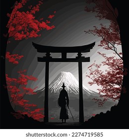 This is an illustration of a samurai on a meadow under the moonlight. This vector can be used to design backgrounds for shirts, posters, brochures, bags and mugs