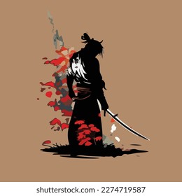 This is an illustration of a samurai on a meadow under the moonlight. This vector can be used to design backgrounds for shirts, posters, brochures, bags and mugs