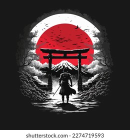 Esta es una ilustración de un samurai en un prado bajo la luz de la luna. Este vector puede utilizarse para diseñar fondos para camisas, carteles, folletos, bolsas y tazas