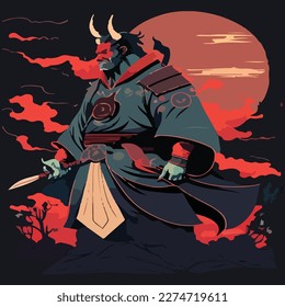This is an illustration of a samurai on a meadow under the moonlight. This vector can be used to design backgrounds for shirts, posters, brochures, bags and mugs