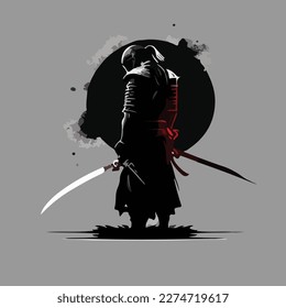 This is an illustration of a samurai on a meadow under the moonlight. This vector can be used to design backgrounds for shirts, posters, brochures, bags and mugs