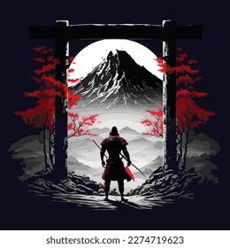 This is an illustration of a samurai on a meadow under the moonlight. This vector can be used to design backgrounds for shirts, posters, brochures, bags and mugs