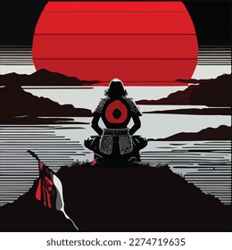 This is an illustration of a samurai on a meadow under the moonlight. This vector can be used to design backgrounds for shirts, posters, brochures, bags and mugs