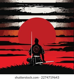 This is an illustration of a samurai on a meadow under the moonlight. This vector can be used to design backgrounds for shirts, posters, brochures, bags and mugs