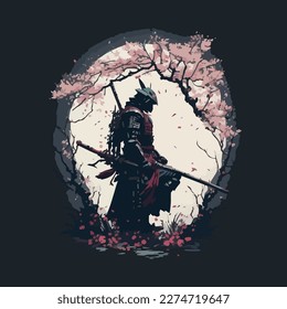 This is an illustration of a samurai on a meadow under the moonlight. This vector can be used to design backgrounds for shirts, posters, brochures, bags and mugs