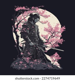 This is an illustration of a samurai on a meadow under the moonlight. This vector can be used to design backgrounds for shirts, posters, brochures, bags and mugs