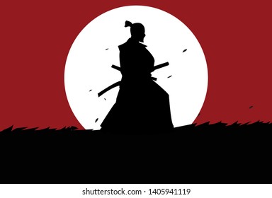 This is an illustration of a samurai practicing in a meadow under moonlight. This vector can be used to design background shirts, posters, brochures, bags and mugs.