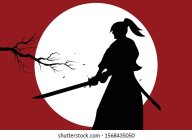 This is an illustration of a samurai practicing in the prairie under the moonlight. This vector can be used to design background shirts, posters, brochures, bags and mugs.