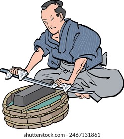 This is an illustration of a samurai sharpening his sword.