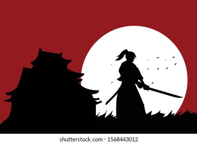 This is an illustration of a samurai who practices in the meadow in the moonlight. This vector can be used to design background shirts, posters, brochures, bags and mugs.
