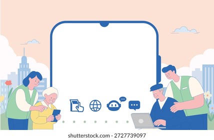 This is an illustration of a scene where digital device education is being provided to the elderly.