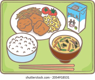 This Is An Illustration Of A School Lunch And A Set Meal In The Cafeteria. Chicken Set Meal Is A Very Popular Menu. Eat With Tartar Sauce.