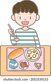 This is an illustration of school lunch. It is an illustration that a child is eating lunch. There are Japanese and Western dishes.