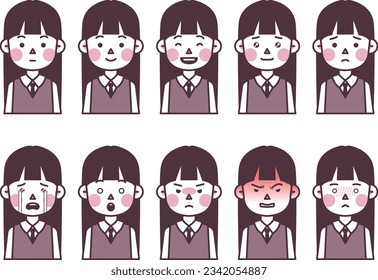 This is an illustration of a schoolgirl in uniform expressing various emotions.