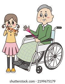 This is an illustration of a senior man in a wheelchair teaching a boy how to play beanbags.
