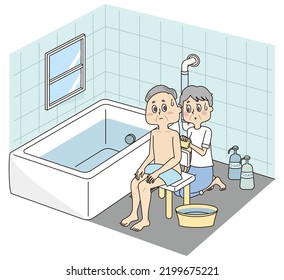 This is an illustration of a senior man who has his body washed in the bath because his body does not move as expected and a senior woman who assists in bathing.