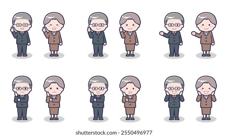 This is an illustration of a senior man and woman wearing suits.