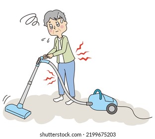 This is an illustration of a senior woman cleaning her home with a vacuum cleaner while having pain in her lower back and knees.