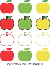This is an illustration set of apples in three colors: red, green, and yellow. It can be used for various purposes such as icons and illustrations.