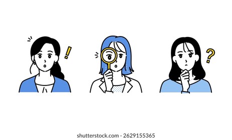This is illustration set B of three expressive women reacting in a variety of ways, such as investigating, having an idea, or being surprised.