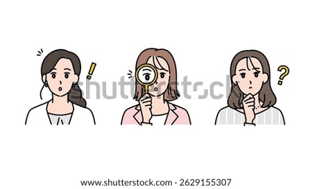 This is illustration set B of three expressive women reacting in a variety of ways, such as investigating, having an idea, or being surprised.