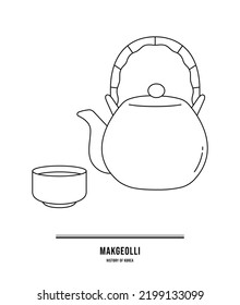 This illustration is a set of bottles and glasses containing makgeolli, a traditional Korean liquor.