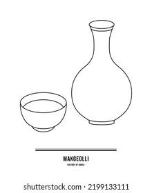 This illustration is a set of bottles and glasses containing makgeolli, a traditional Korean liquor.