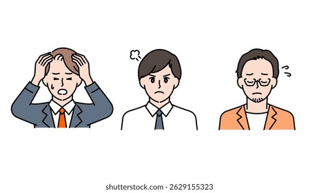 Esta é uma ilustração do conjunto C de três homens de negócios expressando preocupações, confusão e ansiedade.