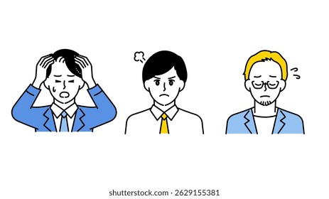 Esta é uma ilustração do conjunto C de três homens de negócios expressando preocupações, confusão e ansiedade.