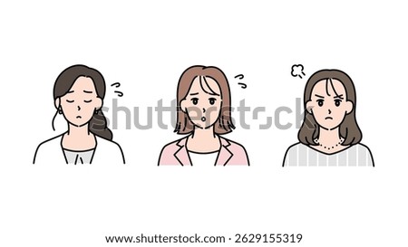 This is an illustration set C of three business women expressing worries, confusion, and anxiety.