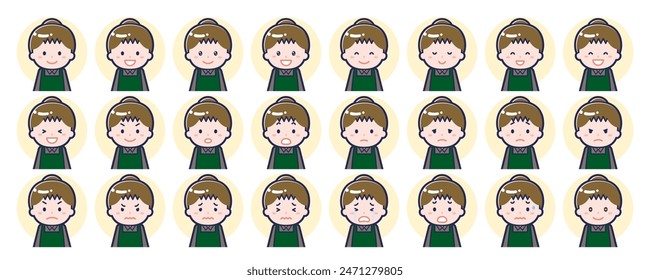 This is an illustration of a set of facial expressions for a female cafe clerk.