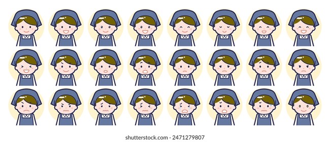 This is an illustration of a set of facial expressions for male staff members.