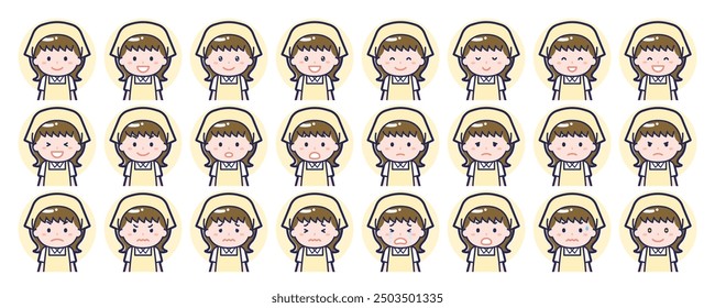 Esta es una ilustración de un conjunto de expresiones faciales para una ama de llaves.