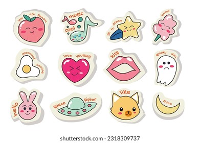 This illustration set features flat and cartoon design stickers with cute elements and labels that can be used for decoration or organization. Vector illustration.