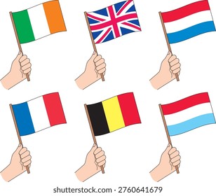This illustration set features handheld versions of the national flags of six countries in Northwestern Europe (the United Kingdom, France, Belgium, the Netherlands, Luxembourg, and Ireland). It can be used for a wide range of purposes, including educational materials, international events, travel and tourism content, and presentation materials.