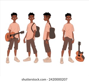 This illustration set features a vibrant black man donned in a stylish t-shirt and shorts, sporting sporty shoes, and wielding a guitar. Explore three dynamic angles—front, side, 45angle view