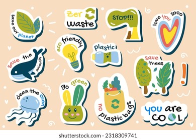 This illustration is a set of flat and cartoon eco waste stickers designed to promote waste reduction and environmental awareness. Vector illustration.